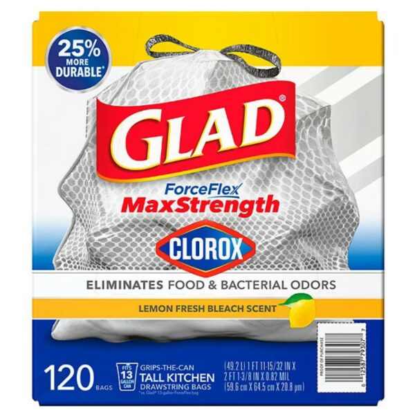 Glad ForceFlex Tall Kitchen Trash Bags With Clorox, Lemon Fresh Bleach Scent 13 gal., 120 ct.